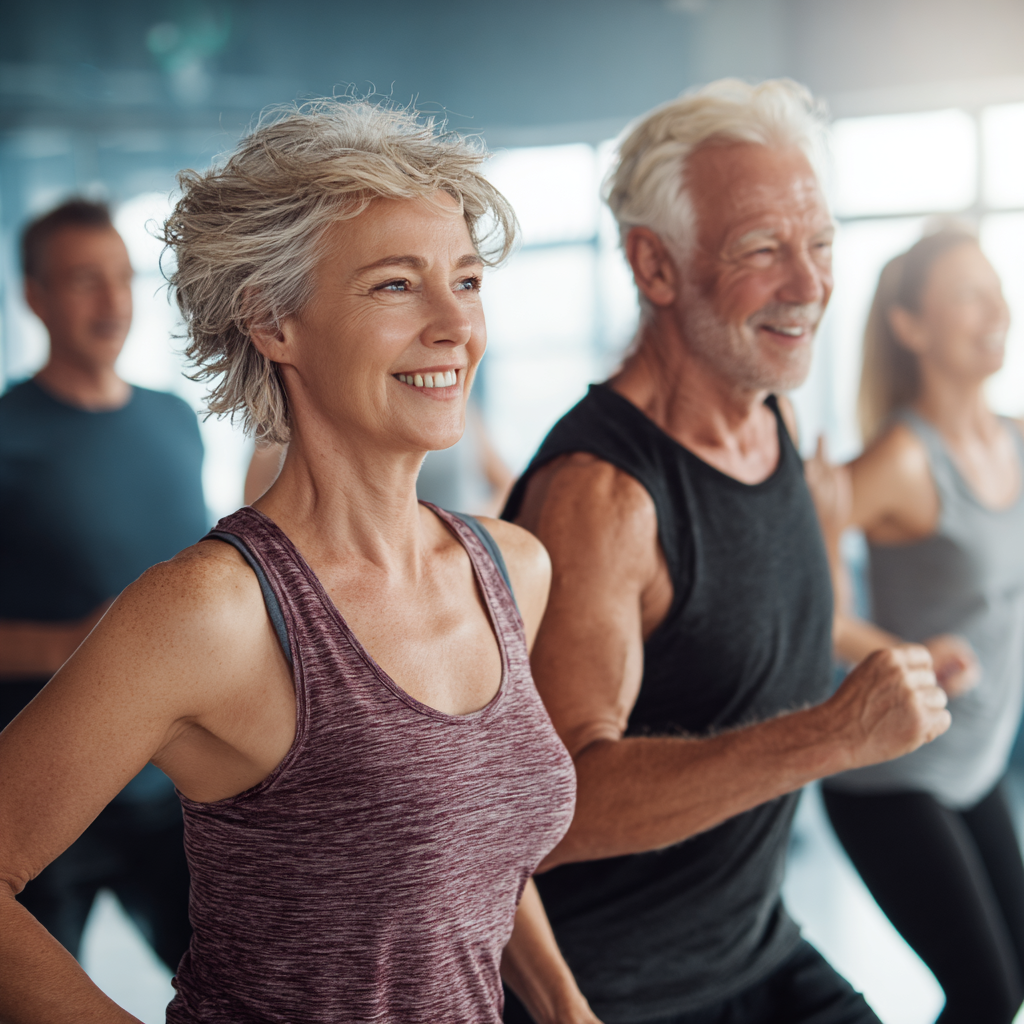 Group of active middle-aged people exercising together in bright fitness studio