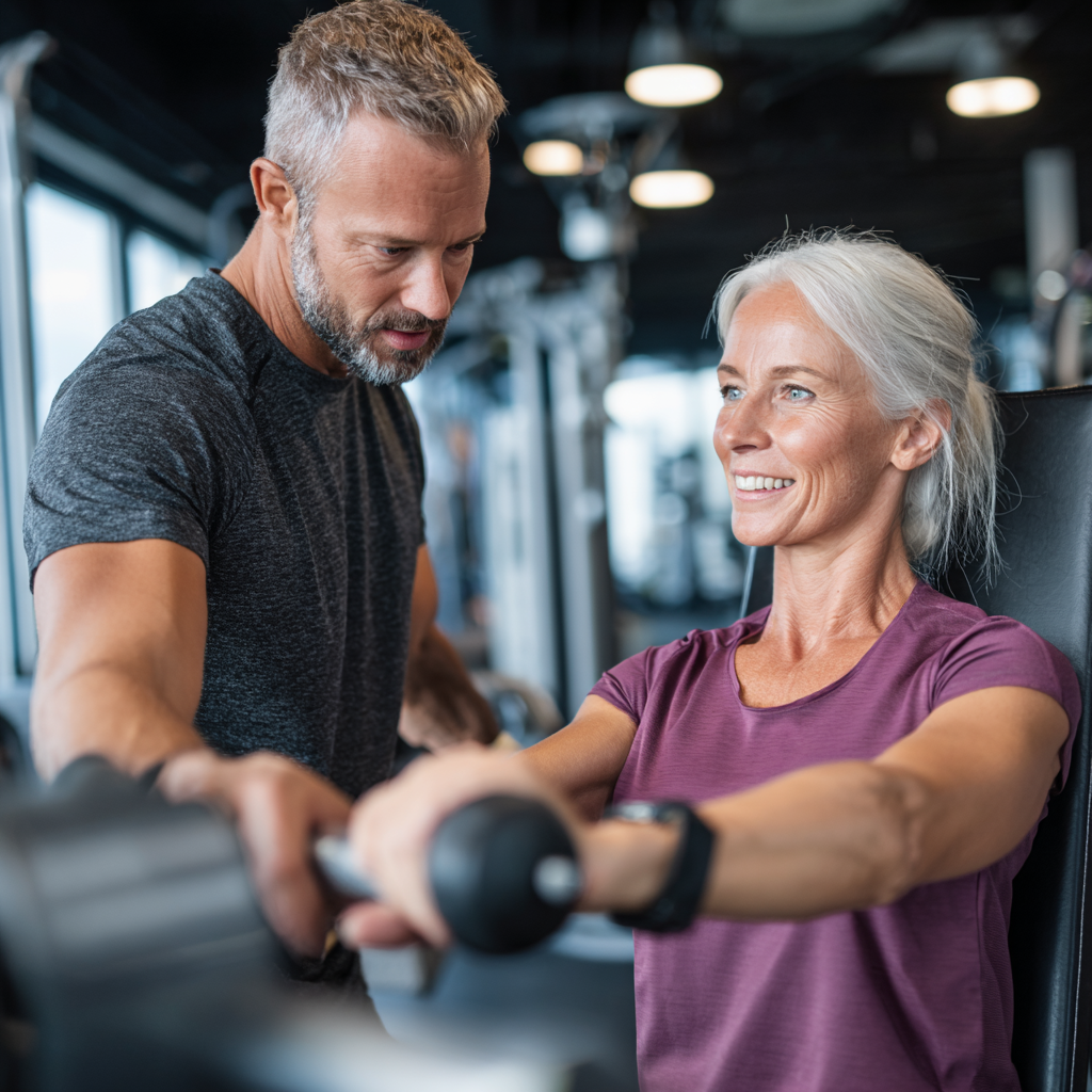 Professional fitness trainer working with middle-aged client in modern gym environment